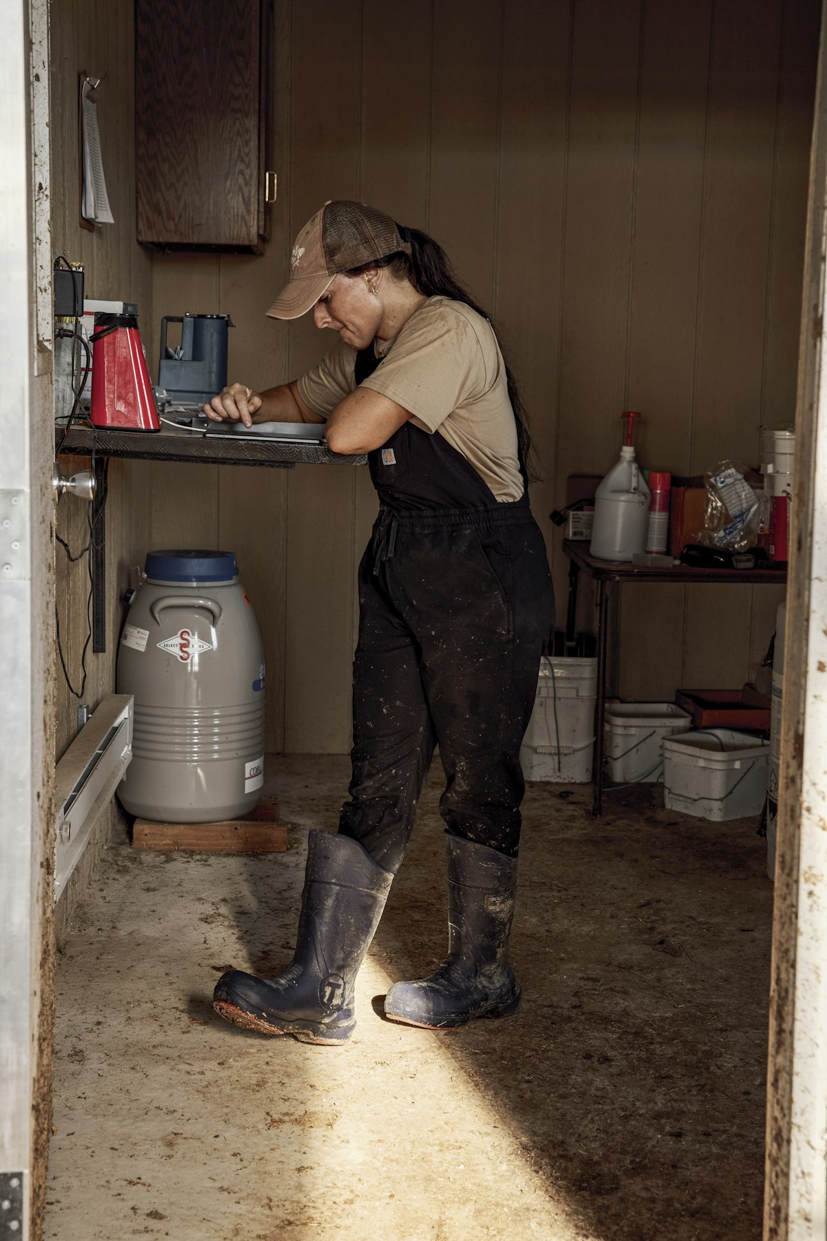 A young woman working in a farm shed