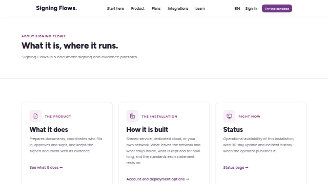 The top of the About page: what Signing Flows is and where it runs.