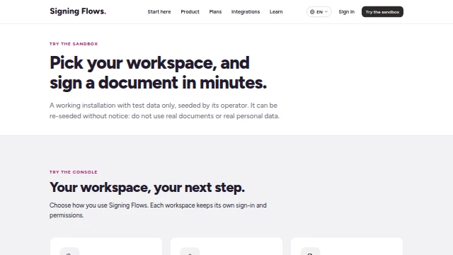 The top of the Try the sandbox page: pick a workspace and sign a document in minutes.